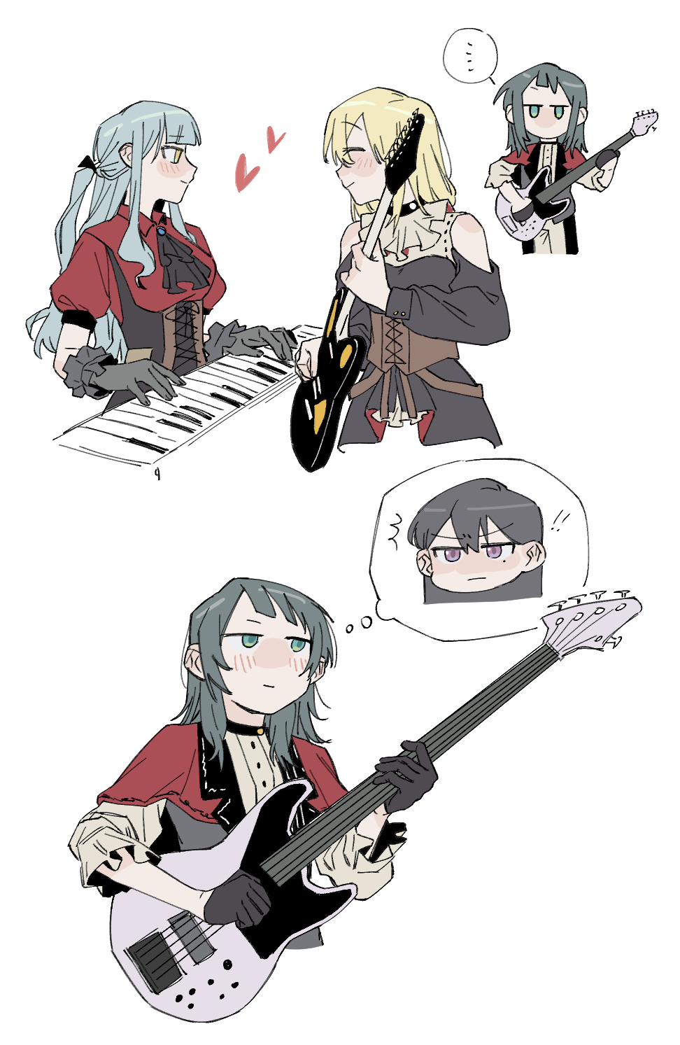 3girls, 5-string_bass_guitar, 7-string_guitar, bang_dream!, bang_dream!_it's_mygo!!!!!, bass_guitar, black_gloves, black_hair