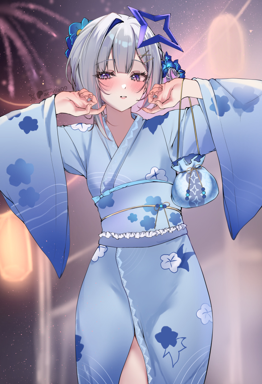 1girl, acedia, amane_kanata, amane_kanata_(holonatsu_paradise), arms_up, blue_eyes, blue_flower, blue_kimono