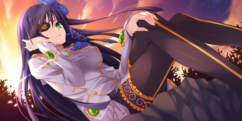 adjusting_hair, breasts, bz_(pixiv), crossed_legs, eyepatch, flower, from_behind, garters
