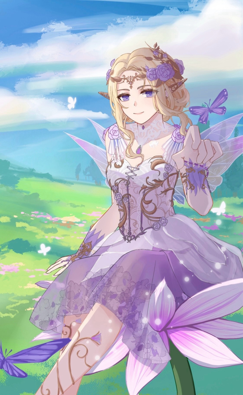 1girl, blonde_hair, blooming_dreams_(infinity_nikki), blue_sky, bow, bug, butterfly, chest_jewel, circlet, closed_mouth, clouds, collar, day, detached_collar, dress, fairy, fairy_wings, fake_pointy_ears, fake_wings, feet_out_of_frame, field, floral_print, flower, flower_field, forest, gem, gold_circlet, hair_flower, hair_ornament, happy, high_collar, highres, hill, infinity_nikki, jiumo_(pixiv_32921912), lace_collar, lips, looking_at_viewer, medium_dress, nature, nikki_(series), on_flower, outdoors, outstretched_hand, purple_arm_warmers, purple_bow, purple_butterfly, purple_dress, purple_flower, purple_gemstone, purple_rose, purple_wings, rose, see-through_clothes, see-through_dress, short_hair_with_long_locks, sitting, sky, sleeveless, sleeveless_dress, smile, solo, striped_bow, two-tone_bow, violet_eyes, white_bow, white_collar, wings