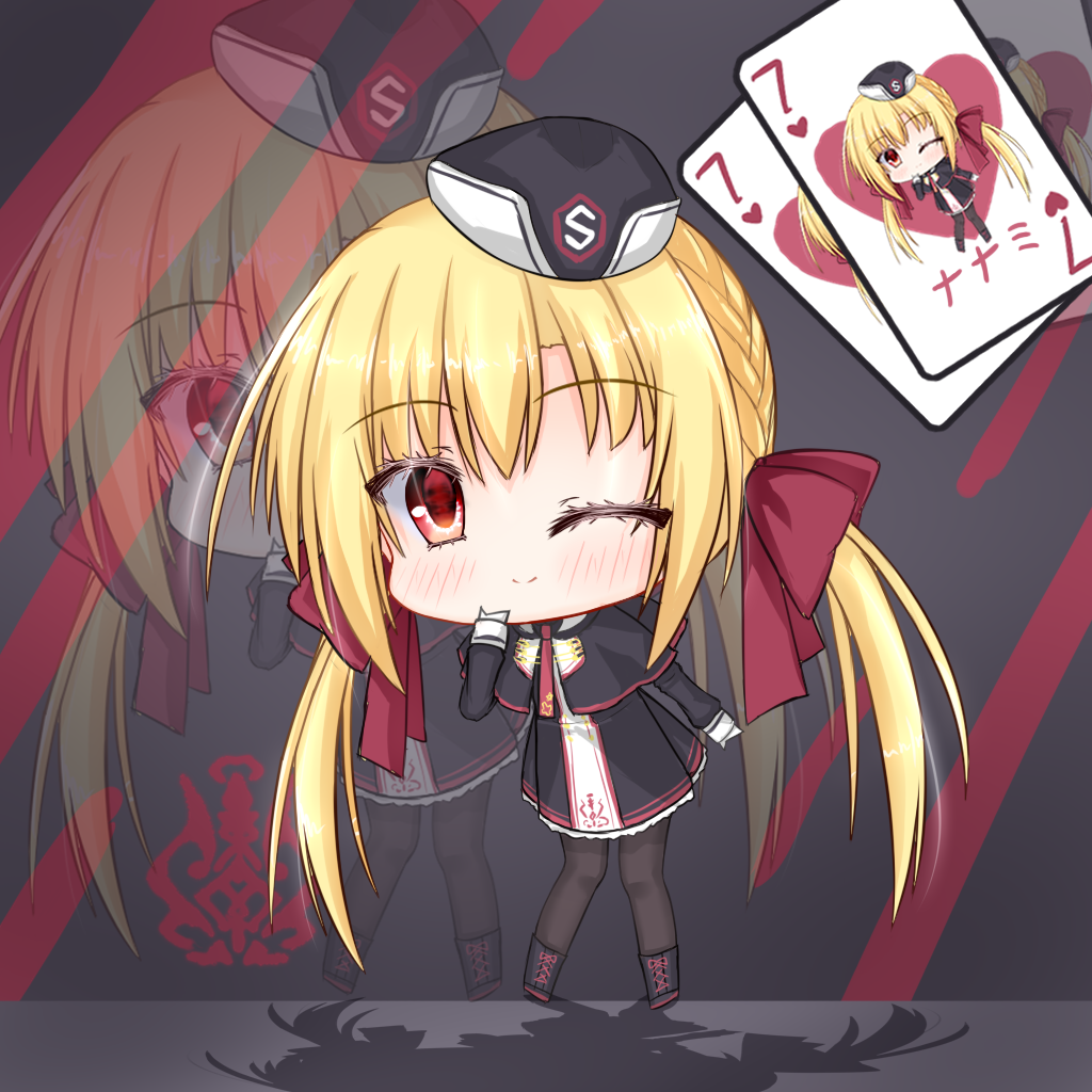1girl, ;), ace_(playing_card), ace_of_hearts, arihara_nanami, black_boots, black_capelet, black_dress