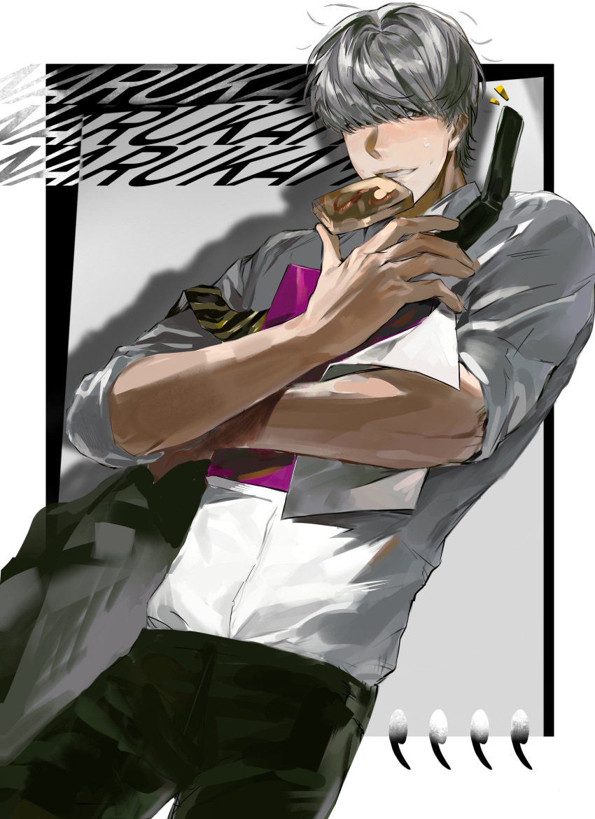 1boy, absurdres, bag, black_pants, bread, bread_slice, cellphone, character_name, chinese_commentary, collared_shirt, commentary_request, flip_phone, food, grey_background, grey_eyes, grey_hair, highres, holding, holding_food, ibsm, looking_at_viewer, male_focus, narukami_yu, necktie, pants, persona, persona_4, phone, shadow, shirt, short_hair, short_sleeves, simple_background, smile, solo, standing, toast, white_shirt