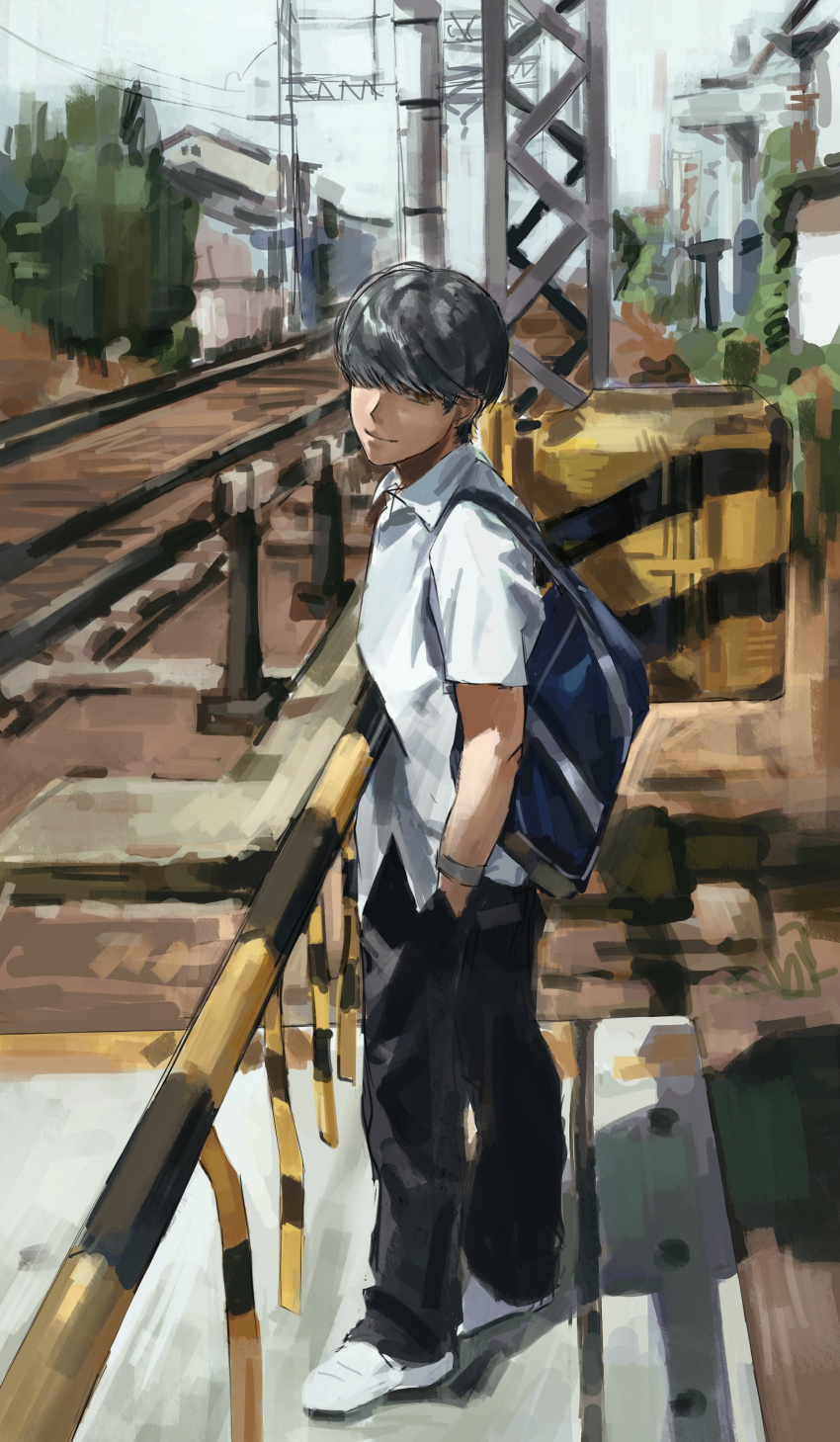 1boy, absurdres, backpack, bag, black_pants, brown_eyes, chinese_commentary, closed_mouth, collared_shirt, commentary_request, day, full_body, grey_hair, hand_in_pocket, highres, ibsm, looking_at_viewer, male_focus, narukami_yu, outdoors, pants, persona, persona_4, railing, school_bag, school_uniform, shadow, shirt, shoes, short_hair, short_sleeves, smile, solo, standing, white_shirt, white_shoes, yasogami_school_uniform