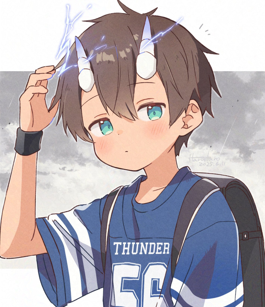 1boy, armband, artist_name, backpack, bag, black_armband, black_bag, blue_shirt