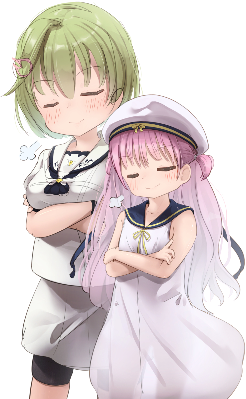 2girls, arm_under_breasts, ascot, bare_arms, bare_shoulders, black_ascot, blue_sailor_collar, blush, breast_size_difference, breasts, closed_eyes, closed_mouth, commentary, cowboy_shot, crocodile_hair_ornament, crossed_arms, dress, facing_viewer, fingerless_gloves, flat_chest, gloves, green_hair, hair_between_eyes, hat, highres, katou_umi, large_breasts, long_hair, multiple_girls, nomura_miki, oren_(770len), pink_hair, puff_of_air, sailor_collar, sailor_dress, sailor_hat, school_uniform, serafuku, short_hair, side-by-side, simple_background, sleeveless, sleeveless_dress, smile, smug, split_mouth, summer_pockets, summer_pockets_school_uniform, two_side_up, v-shaped_eyebrows, white_background, white_dress, white_hat, white_sailor_collar, white_serafuku