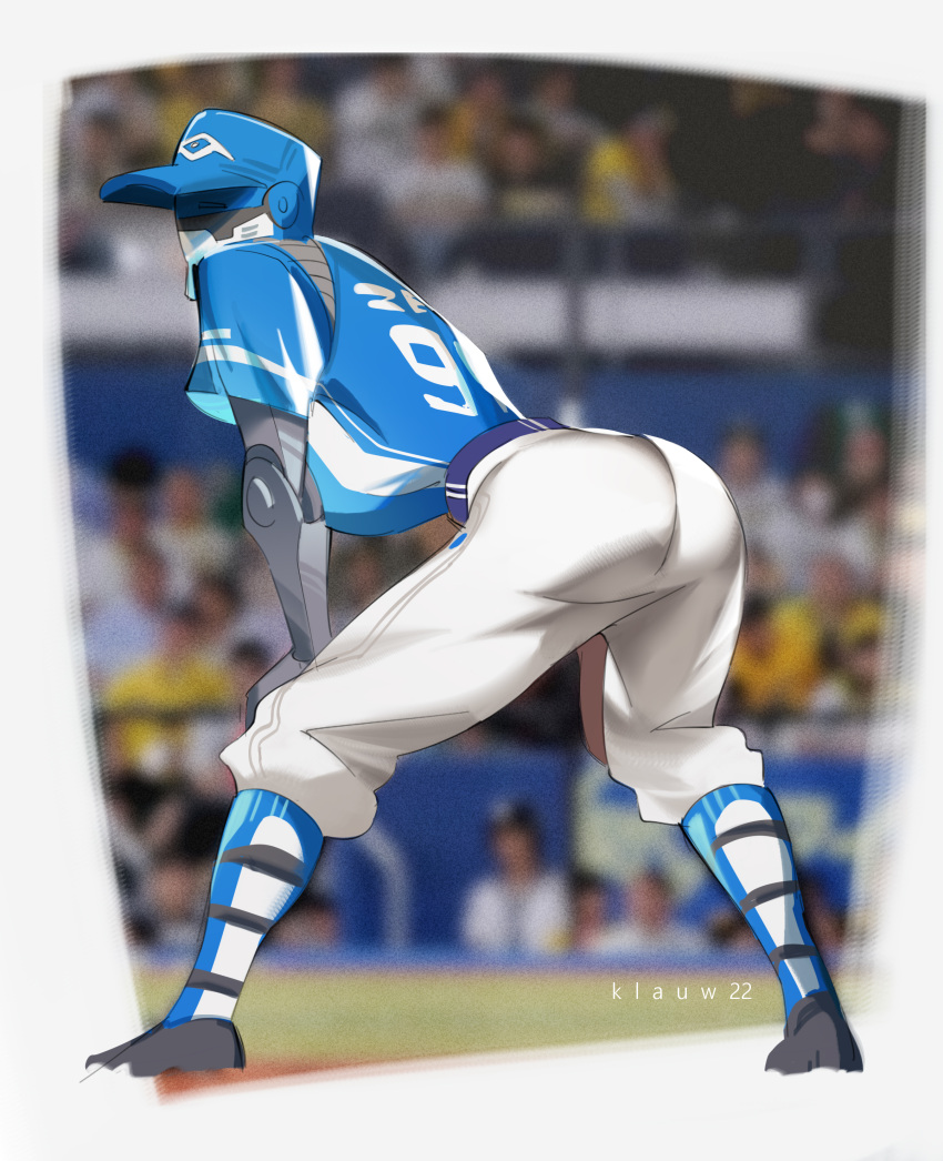 1boy, absurdres, ass, baseball, baseball_cap, baseball_jersey, baseball_uniform, belt, black_shoes, blue_belt, blue_shirt, blurry, blurry_background, commentary, english_commentary, fastball_zenyatta, full_body, hand_on_own_knee, hat, highres, humanoid_robot, jersey, klauw22, leaning, male_focus, outdoors, overwatch, pants, robot, shirt, shirt_tucked_in, shoes, short_sleeves, solo, sportswear, twitter_username, white_pants, zenyatta_(overwatch)