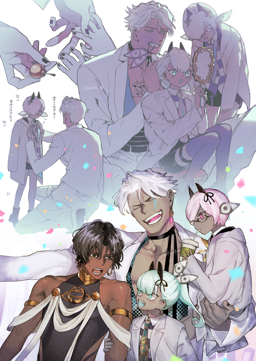 1girl, 3boys, absurdres, adjusting_another's_clothes, animal_ears, arjuna_(fate), arjuna_(fgo_fes._2025)_(fate), armlet, bare_shoulders, black-framed_eyewear, black_hair, black_nails, black_shirt, black_shorts, blue_eyes, blurry, boots, boy_vajra_(fate), boy_vajra_(fgo_fes._2025)_(fate), brown_eyes, carrying, carrying_person, checkered_clothes, checkered_shirt, commentary, confetti, cup, dareka_25, dark-skinned_male, dark_skin, depth_of_field, disposable_cup, drinking, drinking_straw, drinking_straw_in_mouth, earrings, fate/grand_order, fate_(series), girl_vajra_(fate), girl_vajra_(fgo_fes._2025)_(fate), glasses, green_eyes, green_hair, green_shirt, grey_jacket, grey_thighhighs, hair_between_eyes, hair_over_one_eye, hairdressing, hand_mirror, high_ponytail, highres, holding, holding_another's_hair, holding_brush, holding_cup, holding_hands, holding_mirror, hoop_earrings, indra_(fate), indra_(fgo_fes._2025)_(fate), jacket, jewelry, lightning_bolt_facial_mark, long_sleeves, looking_at_another, mirror, mouth_hold, multiple_boys, multiple_views, nail_polish, nail_polish_brush, neck_ring, necktie, on_one_knee, open_clothes, open_jacket, open_mouth, pants, parted_bangs, pink_hair, ponytail, shirt, short_hair, shorts, sitting, sleeveless, sleeveless_shirt, smile, standing, teeth, thigh-highs, translation_request, twitter_username, violet_eyes, white_hair, white_jacket, white_pants