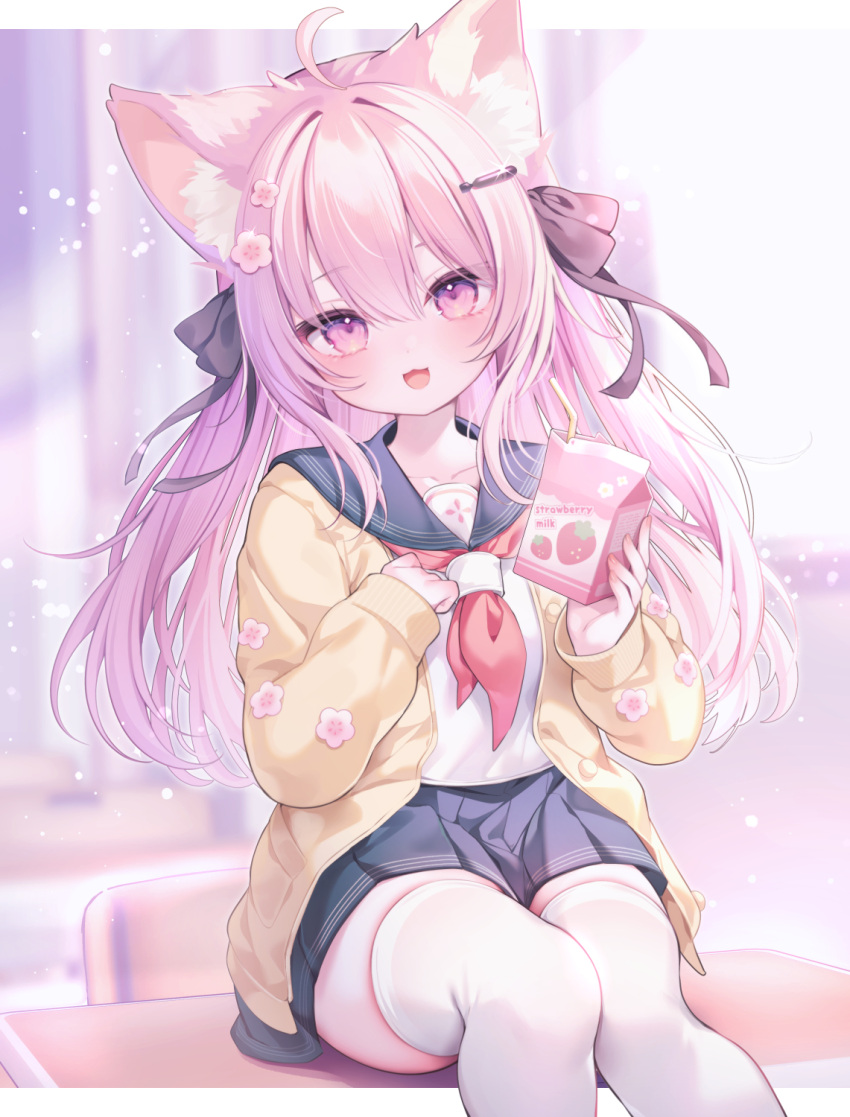 1girl, :d, ahoge, animal_ear_fluff, animal_ears, bendy_straw, black_sailor_collar, black_skirt