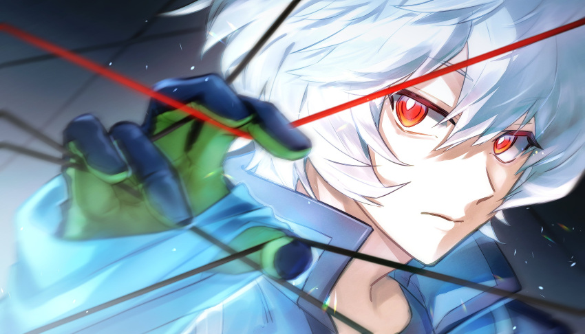 1boy, absurdres, black_background, gloves, green_gloves, highres, jacket, kuga_yuuma