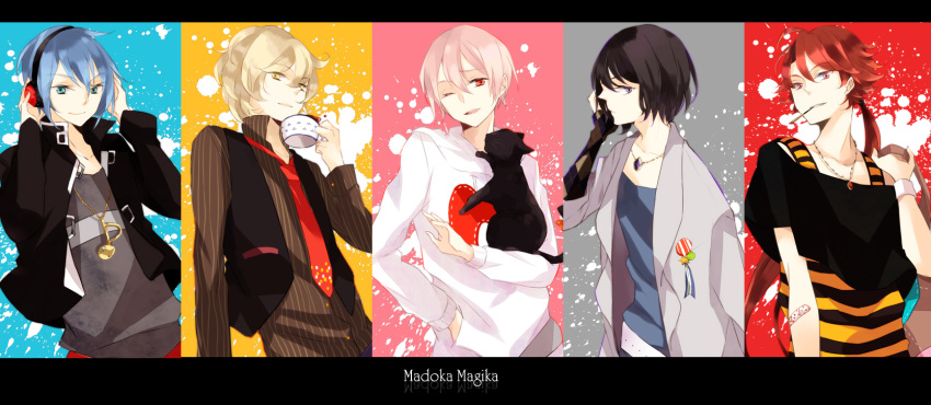 akemi_homura, amane_mio, black_hair, blonde_hair, blue_eyes, blue_hair, casual, cat