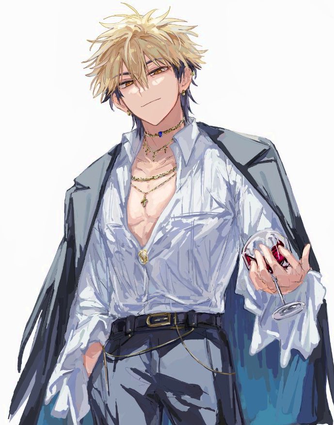 1boy, alcohol, alternate_costume, belt, black_belt, black_hair, black_jacket, black_pants