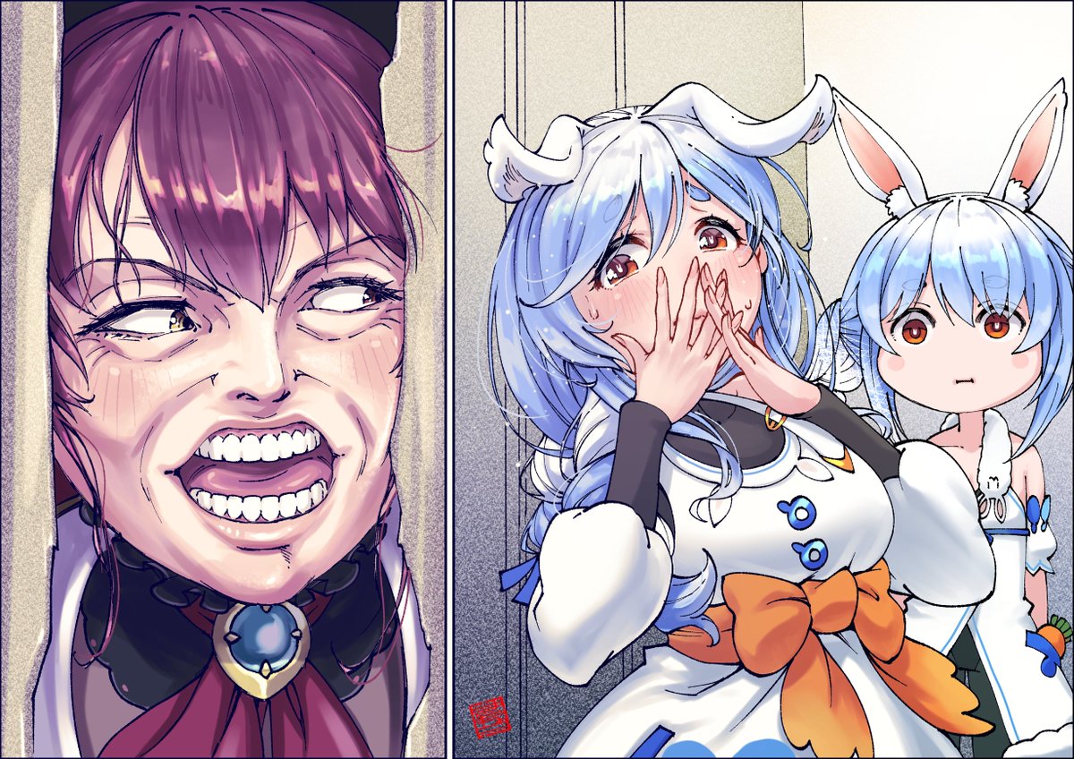 3girls, animal_ear_fluff, animal_ears, blue_hair, blush, braid, braided_ponytail, breaking_through_wall