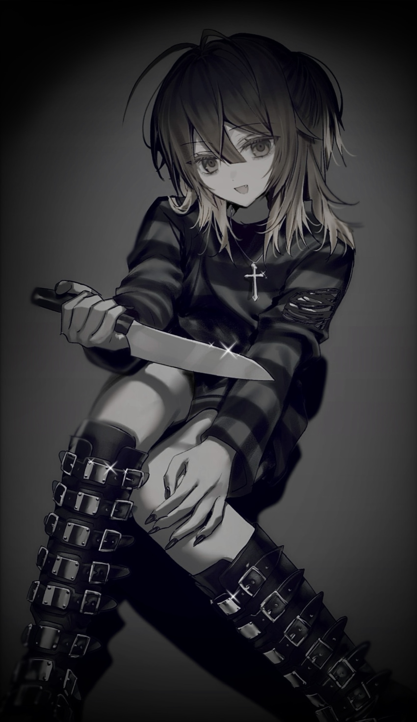 1girl, artist_self-insert, belt_boots, black_nails, black_shirt, boots, brown_eyes, brown_hair
