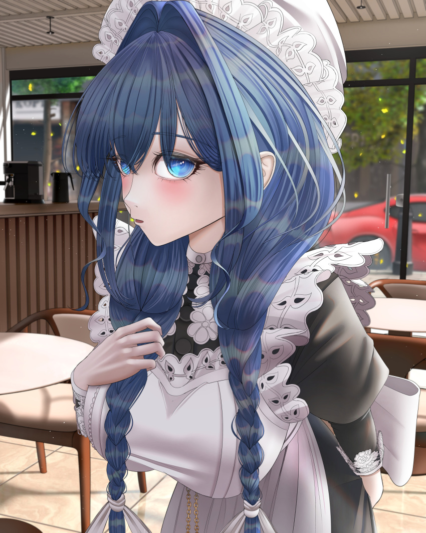 1girl, apron, black_dress, bloodyblack, blue_eyes, blue_hair, blush, braid