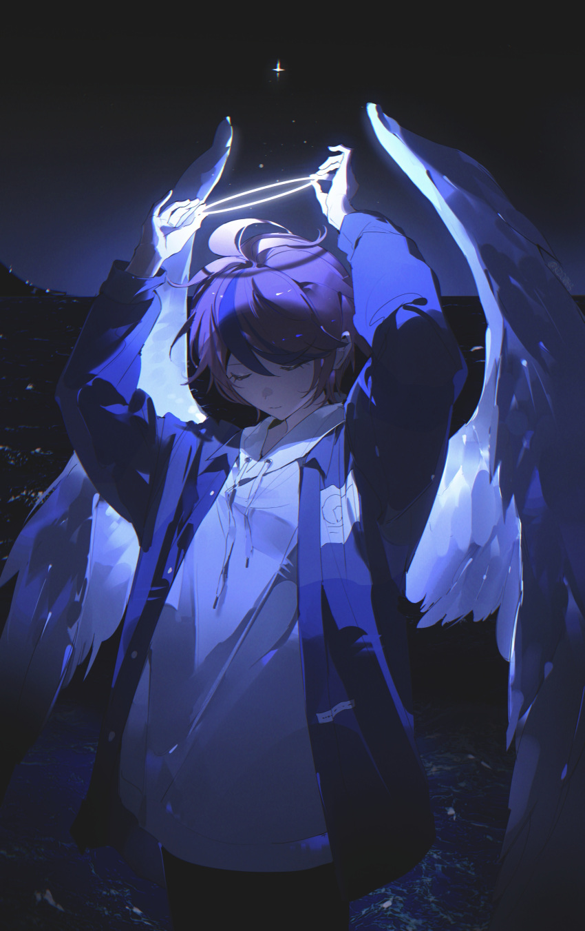 absurdres, adjusting_halo, ahoge, angel, angel_wings, black_streaks, blue_jacket, cathon613
