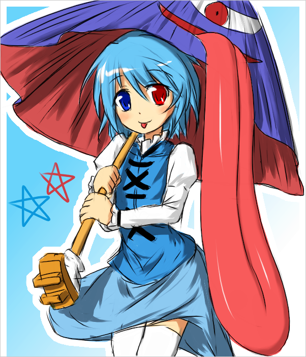 :<, :p, blue_eyes, blue_hair, geta, heterochromia, karakasa_obake, red_eyes, short_hair, solo, tatara_kogasa, thighhighs, tongue, touhou, umbrella, white_legwear, zetto