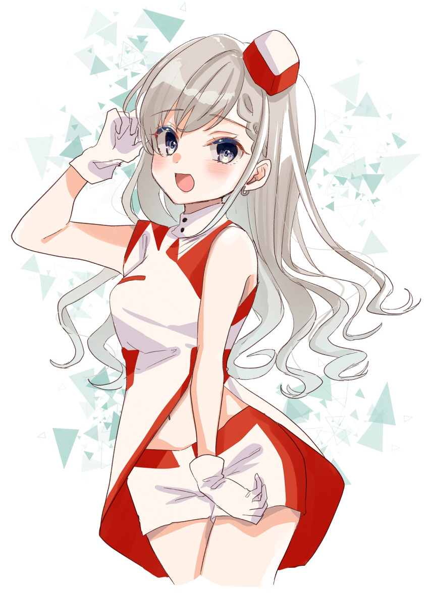 1girl, :d, arm_up, bare_shoulders, blush, braid, braided_bangs, breasts