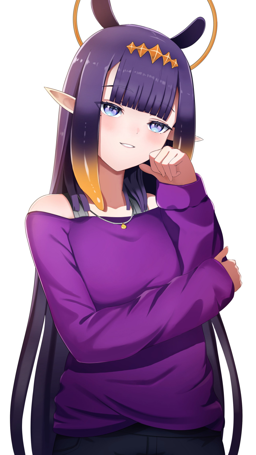 1girl, absurdres, blue_eyes, blunt_bangs, diamond_hairband, gradient_hair, hairband, halo