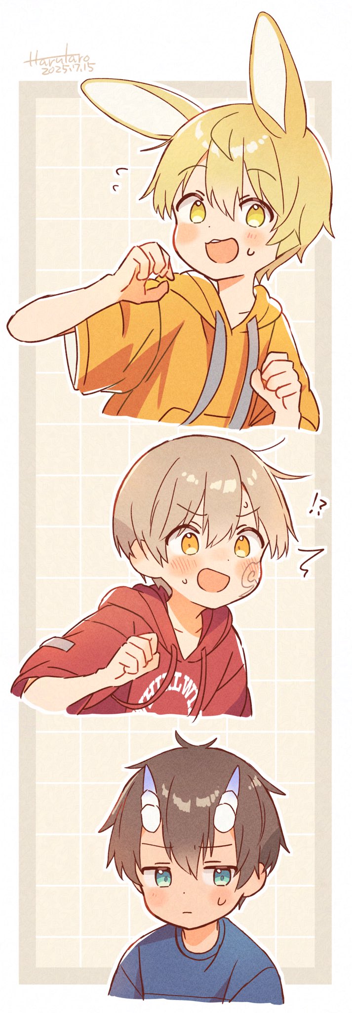 3boys, :|, animal_ears, arm_up, artist_name, blonde_hair, blue_shirt, blush