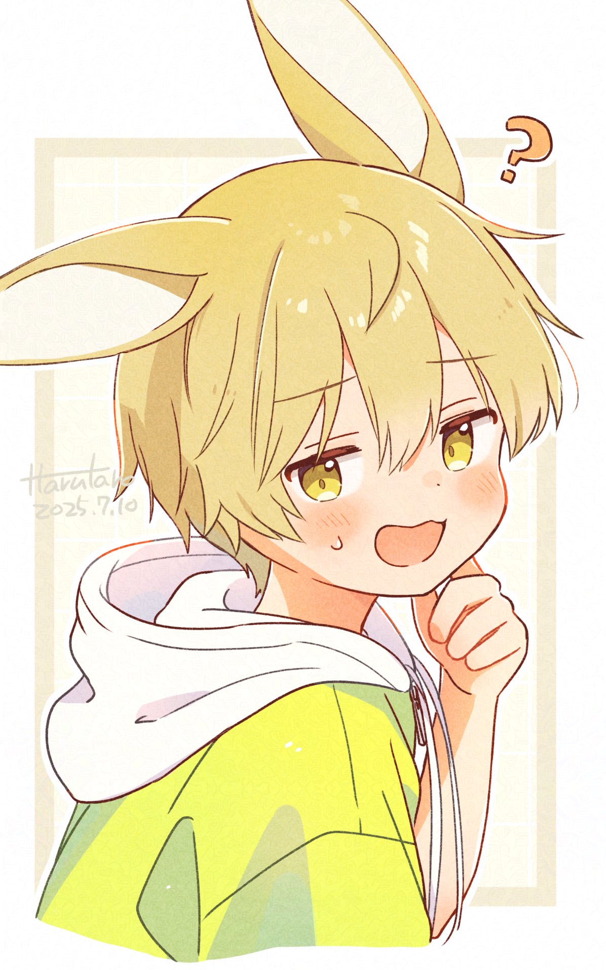 1boy, ?, animal_ears, arm_up, artist_name, blonde_hair, blush, child
