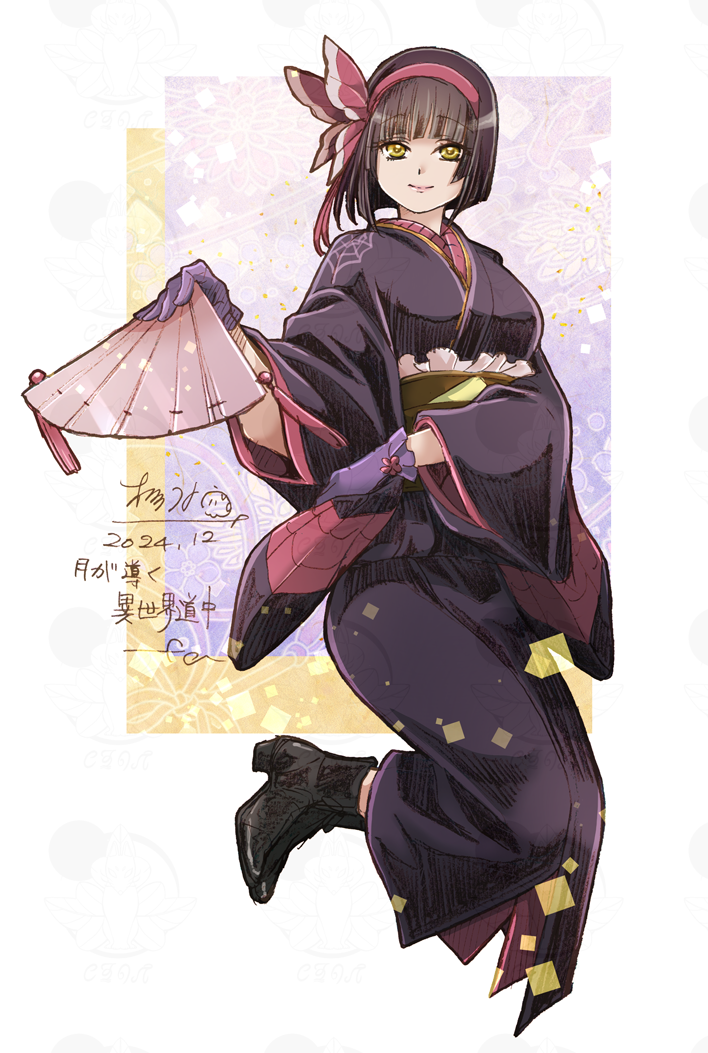 1girl, black_kimono, brown_hair, closed_mouth, commentary, dated, floral_background, full_body