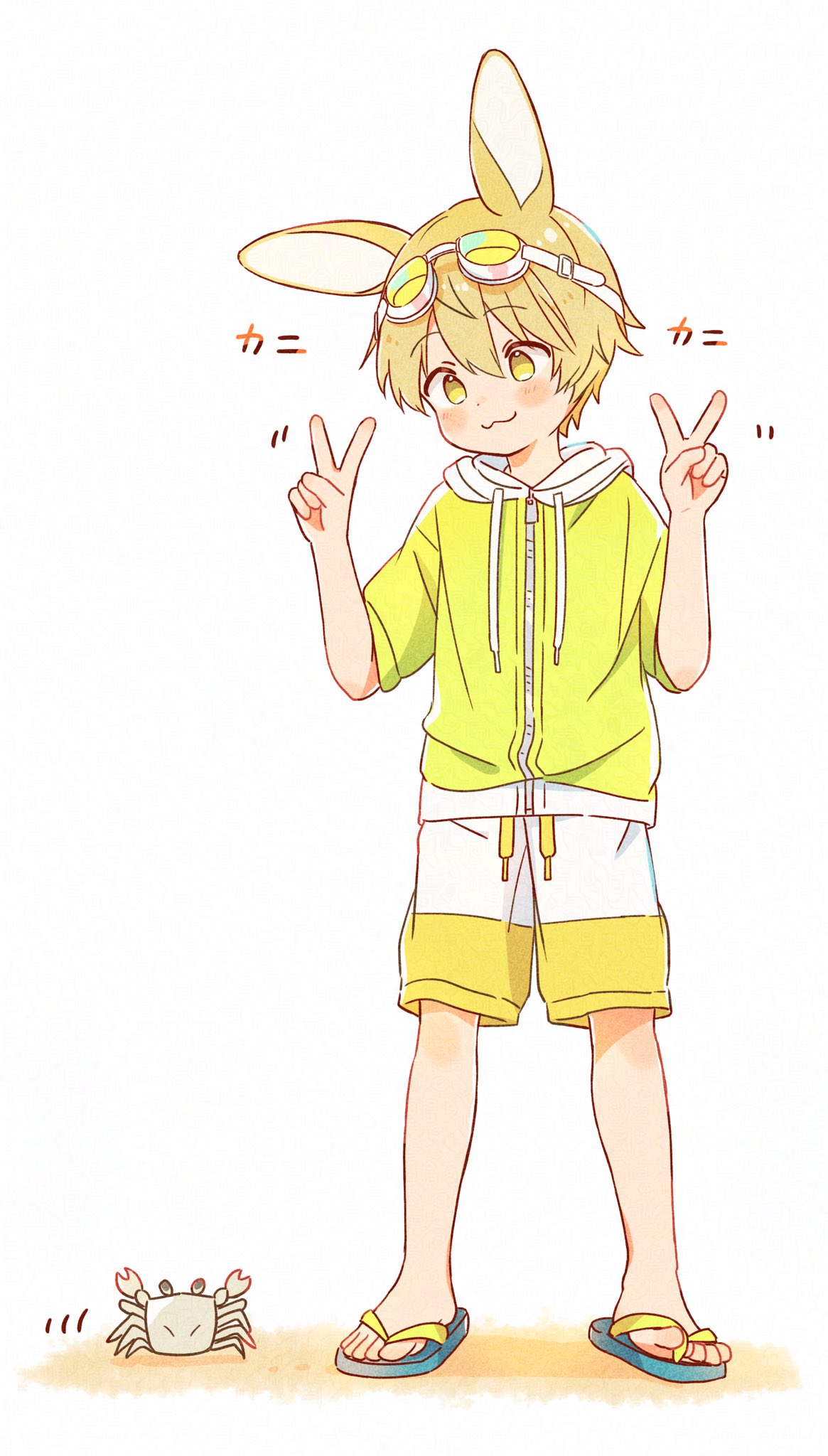 1boy, :3, animal, animal_ears, arms_up, blonde_hair, blush, child