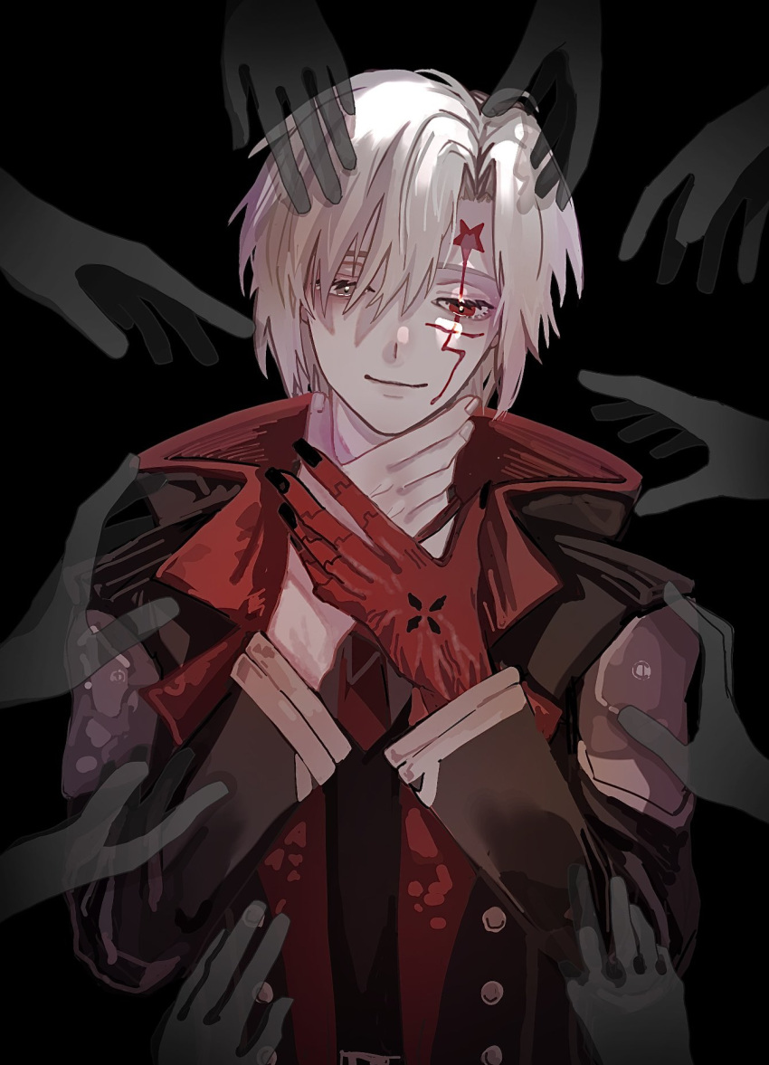 1boy, allen_walker, black_background, black_coat, black_nails, black_vest, coat, collared_coat