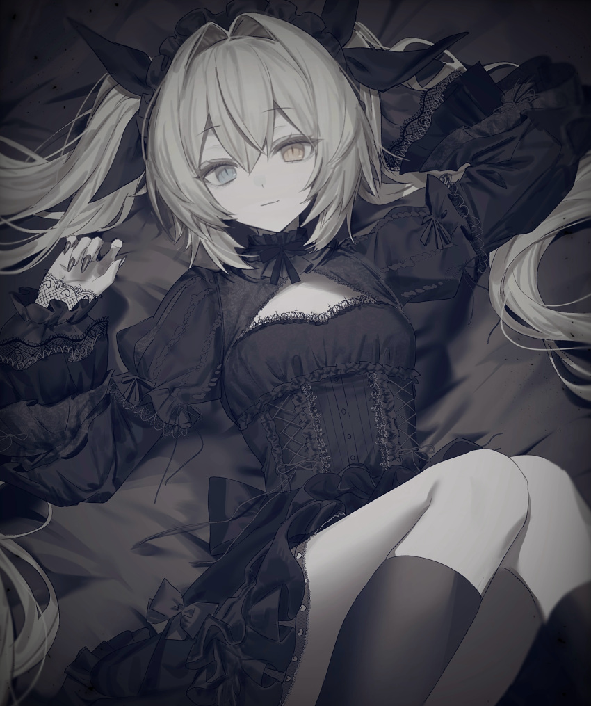 1girl, above_cleavage_cutout, absurdres, black_bow, black_dress, black_headband, black_nails, black_socks