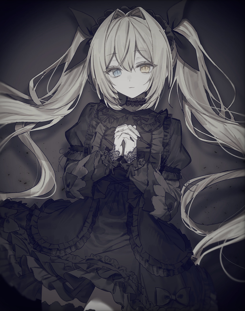 1girl, absurdres, black_bow, black_dress, black_headband, black_nails, black_thighhighs, blonde_hair