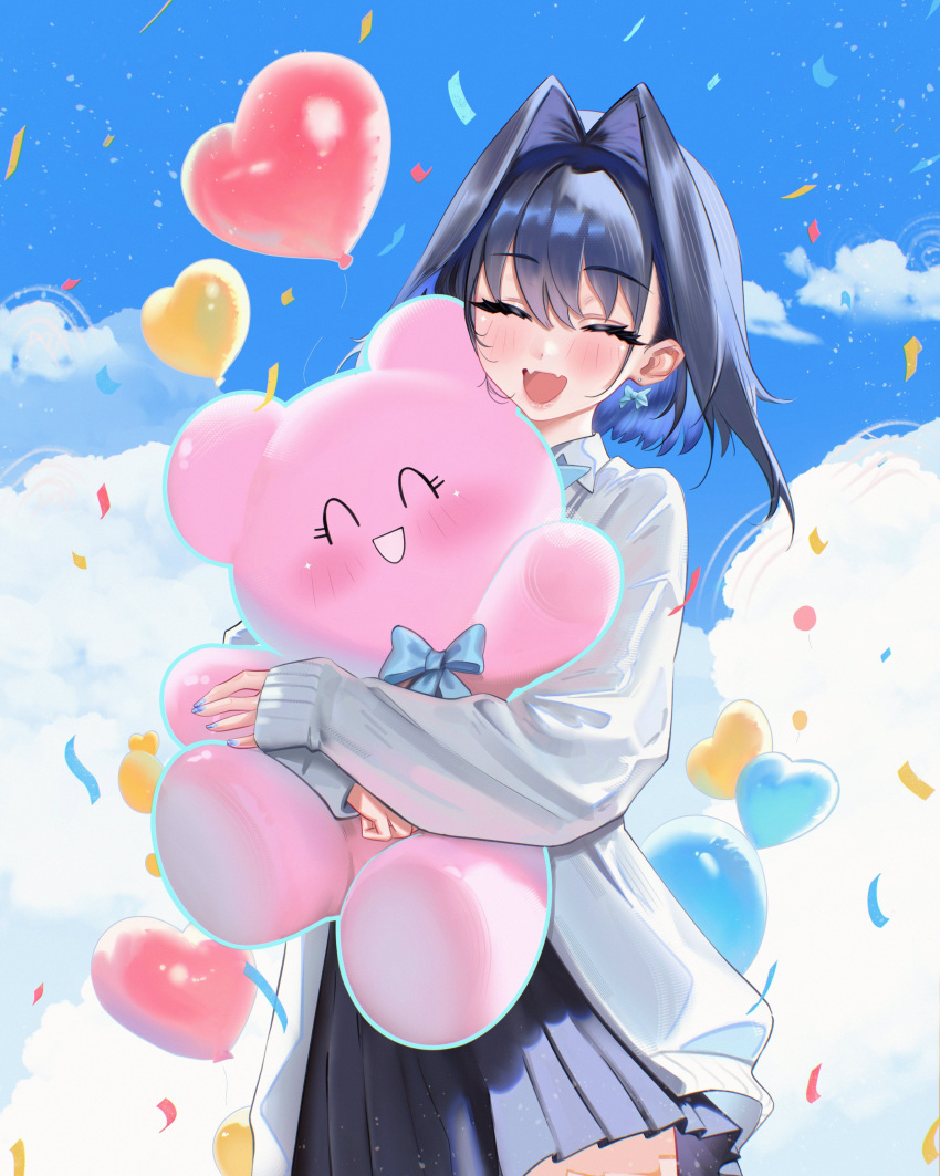 1girl, ^_^, absurdres, alternate_costume, balloon, birthday, blue_bow, blue_hair