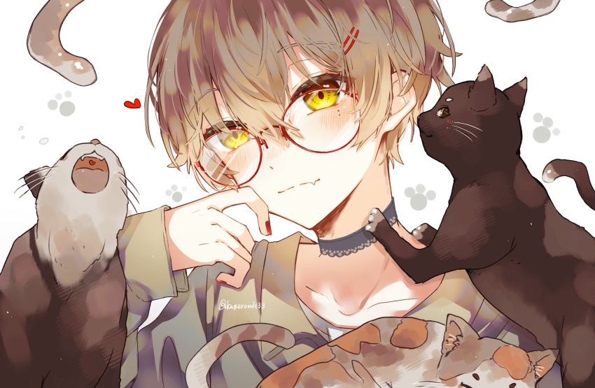 1boy, :|, blush, brown_hair, cat, choker, closed_mouth, commentary_request
