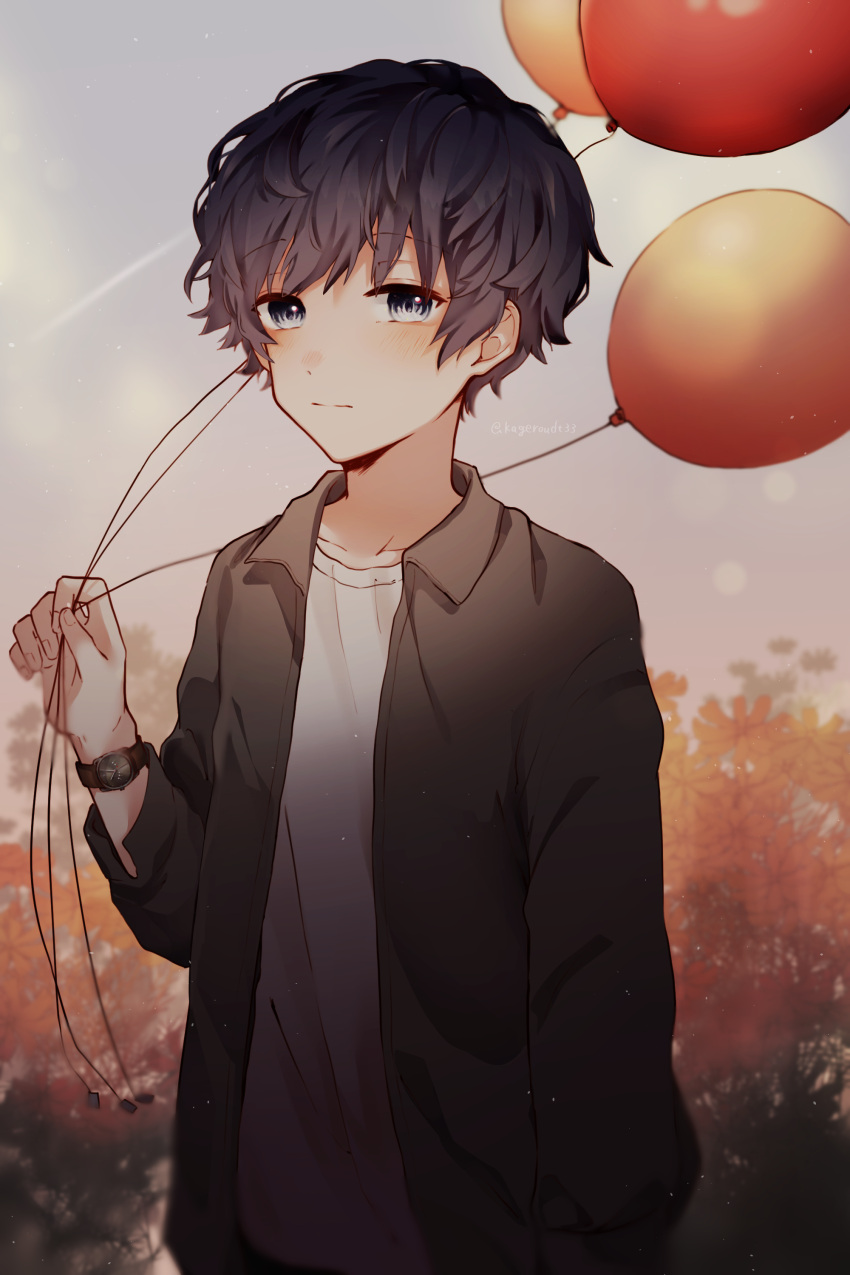 1boy, :|, absurdres, balloon, black_hair, black_jacket, closed_mouth, commentary_request