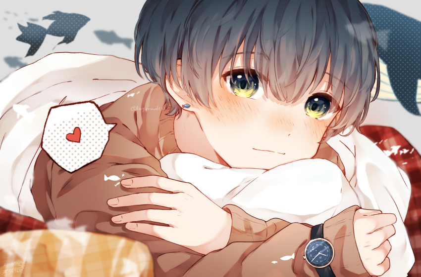 1boy, black_hair, blush, brown_sweater, commentary_request, daifuku_mame_(kageroudt33), dated, ear_piercing