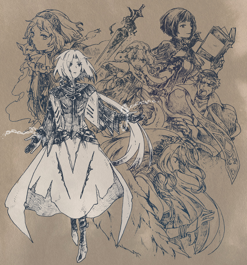 2boys, 4girls, animal_on_shoulder, another_eden, arm_guards, arm_up, ascot, belt