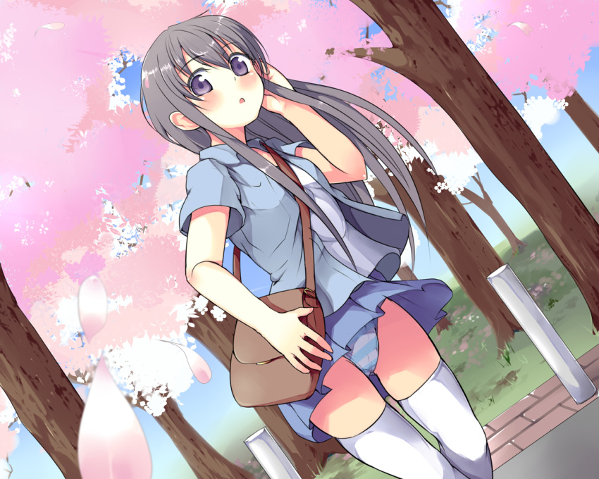 black_hair, blush, cherry_blossoms, hair_tucking, hair_tussle, original, panties, pantyshot