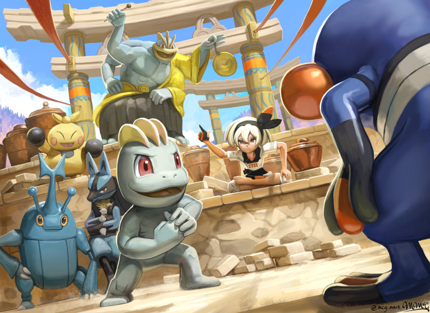 1girl, abs, arm_up, bea_(pokemon), black_hairband, blue_sky, brick, closed_eyes