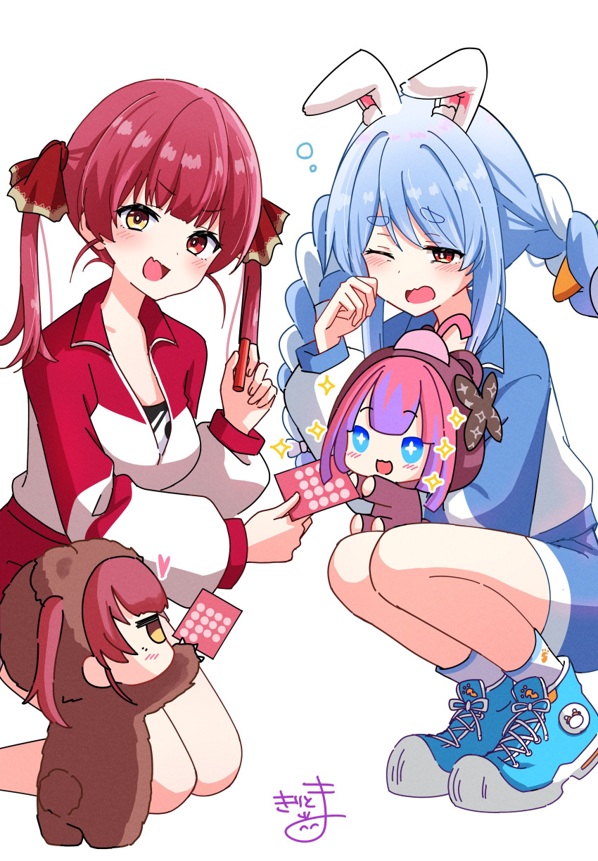 4girls, :d, absurdres, animal_costume, animal_ear_fluff, animal_ears, bear_costume, blue_eyes