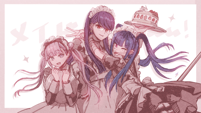 3girls, :d, amemiya_darumi, apron, arms_around_neck, back_bow, black_bow, black_dress, black_hair, black_hairband, border, bow, cake, double_bun, dress, food, frills, glasses, hair_bun, hairband, holding, holding_tray, hu.to, long_hair, looking_at_viewer, maid, maid_apron, maid_headdress, multicolored_hair, multiple_girls, official_alternate_costume, outside_border, pink_border, pink_hair, purple_hair, red_eyes, shizuhara_hiruko, smile, strawberry_shortcake, the_hundred_line_-last_defense_academy-, tongue, tongue_out, tray, tsukumo_kako, twintails, v, white_apron, white_background, white_bow