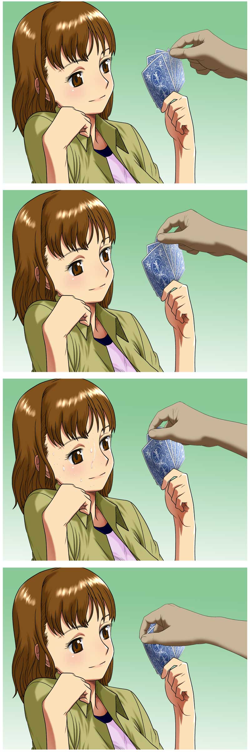 absurdres, brown_eyes, brown_hair, card, cards, chin_rest, comic, copyright_request