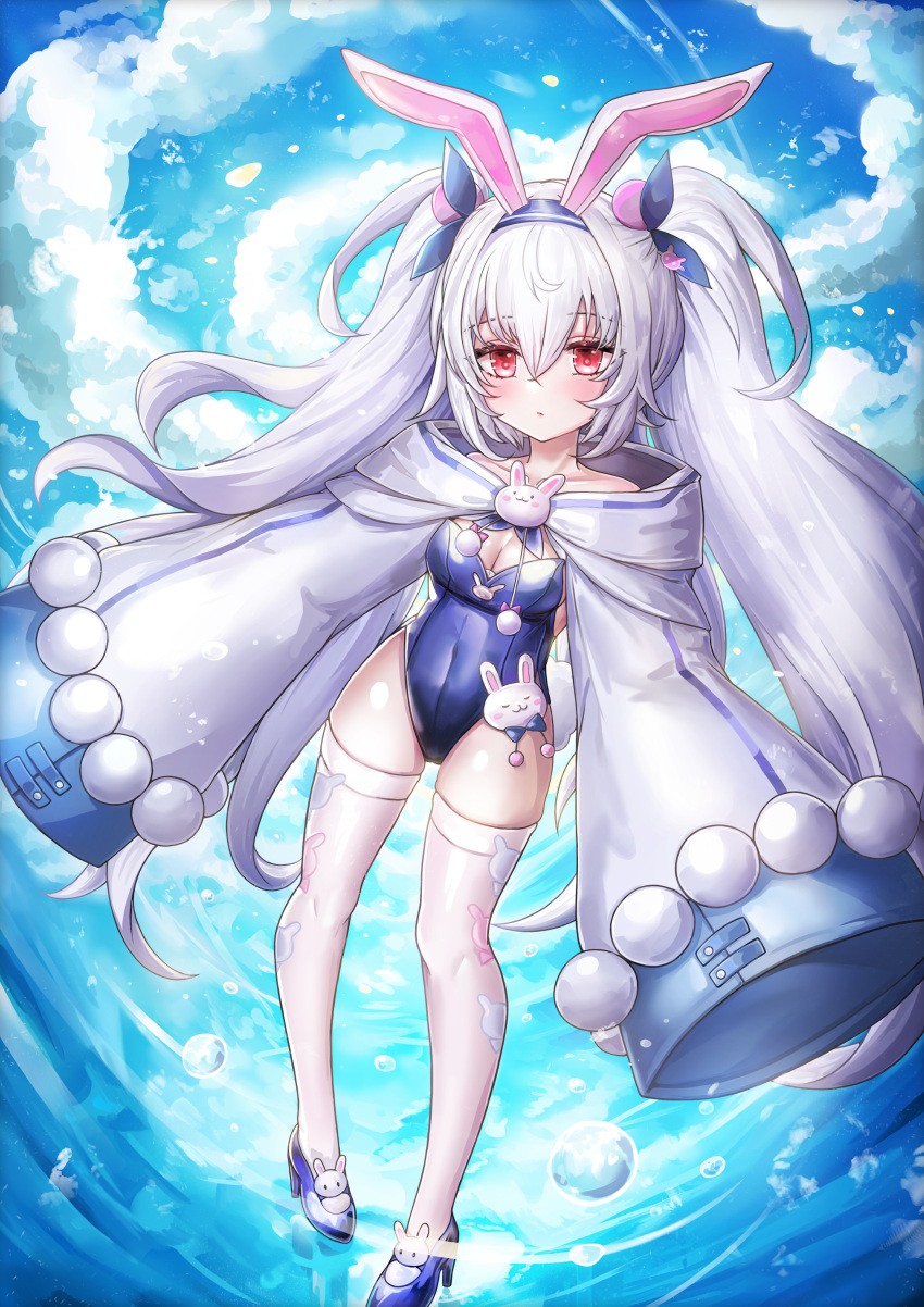 1girl, absurdres, animal_ear_hairband, animal_ears, blue_hairband, blue_headband, blue_leotard, blue_ribbon