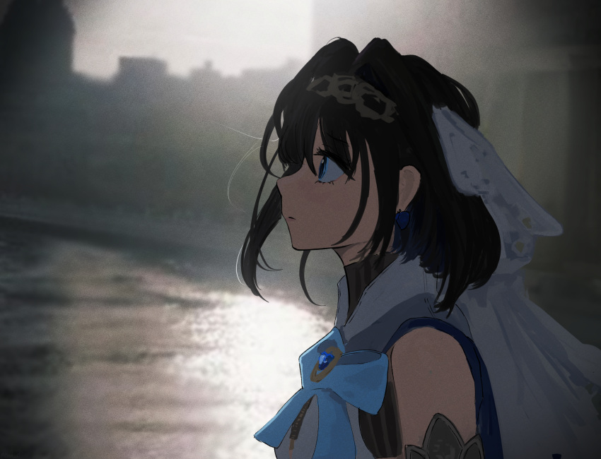 1girl, black_hair, blue_bow, blue_eyes, blue_gemstone, bow, chain, chain_headband