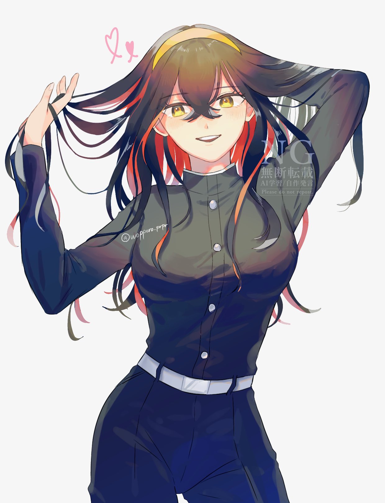 1girl, :d, belt, belt_buckle, black_hair, buckle, buttons, carmine_(pokemon), commentary_request, cowboy_shot, eyelashes, hair_between_eyes, hairband, heart, highres, jacket, long_hair, looking_at_viewer, multicolored_hair, open_mouth, pants, pokemon, pokemon_sv, simple_background, smile, solo, teeth, two-tone_hair, upper_teeth_only, watermark, white_background, woppero_prpr, yellow_eyes, yellow_hairband