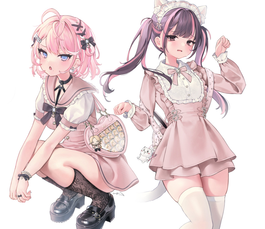 28mm, 2girls, absurdres, ahoge, animal_bag, animal_ears, bag, black_bow