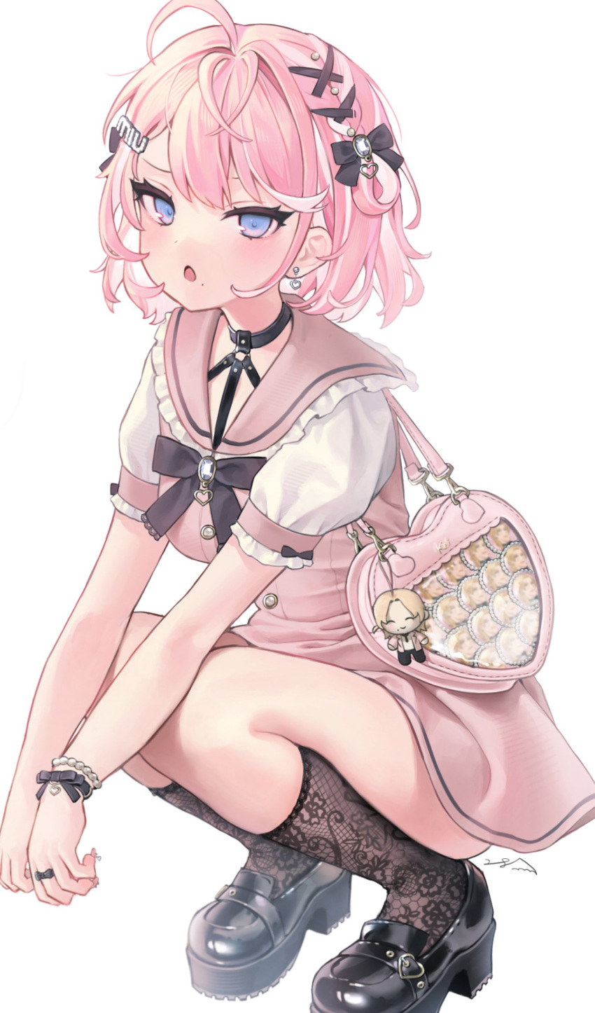 1girl, 28mm, absurdres, ahoge, bag, black_bow, black_socks, blue_eyes