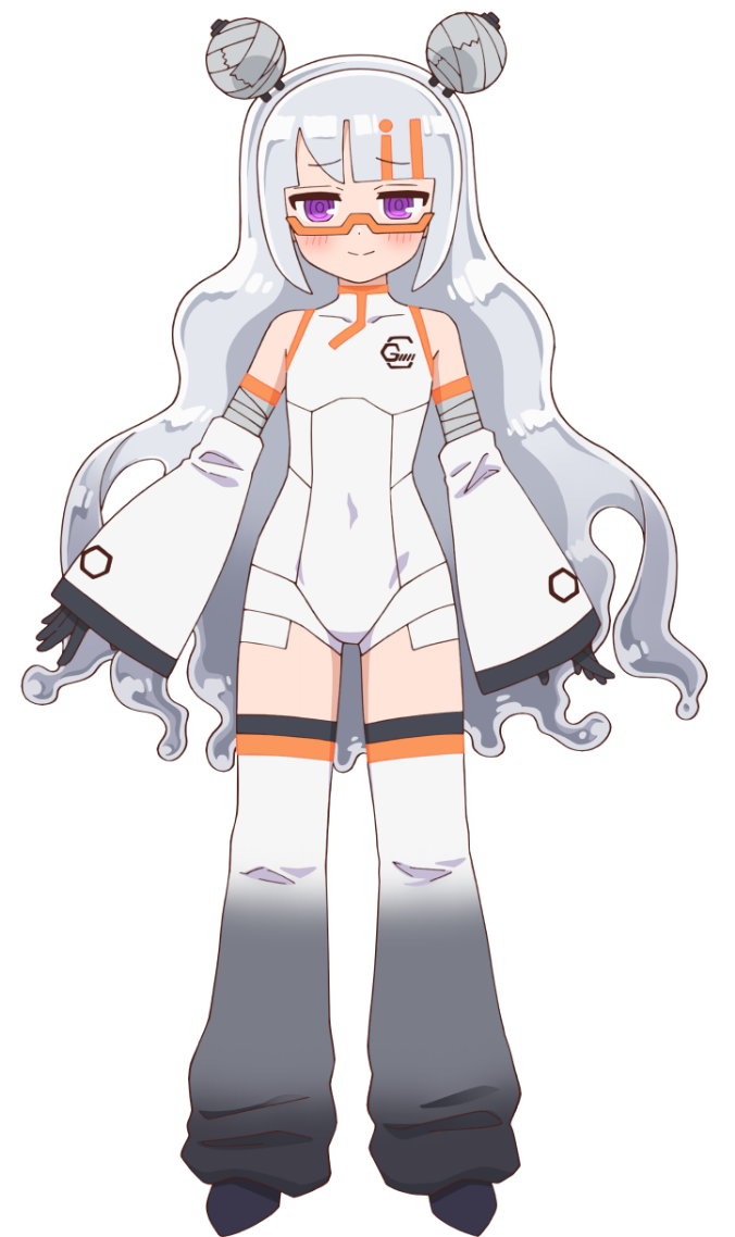 bandaged_arm, bandages, bare_shoulders, black_gloves, black_shoes, blunt_ends, blush, bodysuit