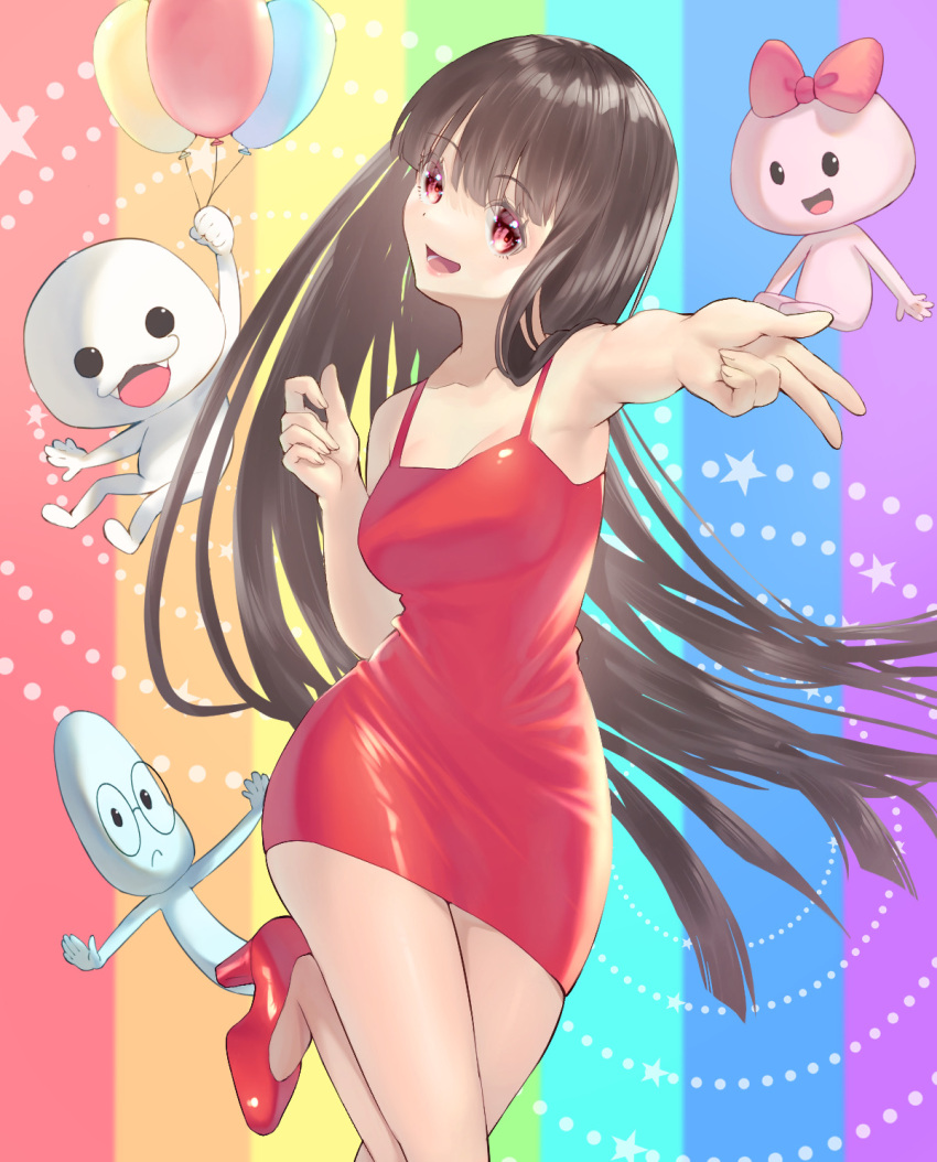 2boys, 2girls, :d, balloon, black_hair, blue_skin, bow, breasts, brown_eyes, colored_skin, commentary, dress, girl_(minna_no_rhythm_tengoku), glasses, hair_bow, hair_ribbon, highres, holding, holding_balloon, imomushi_(pixiv_13874680), kamok_(rhythm_tengoku), long_hair, looking_at_viewer, mash_(rhythm_tengoku), medium_breasts, minna_no_rhythm_tengoku, multiple_boys, multiple_girls, pink_skin, reaching, reaching_towards_viewer, red_dress, red_shoes, rhythm_tengoku, ribbon, ribbon-chan_(rhythm_tengoku), shoes, smile, tight_clothes, tight_dress, very_long_hair, white_skin, wide_hips