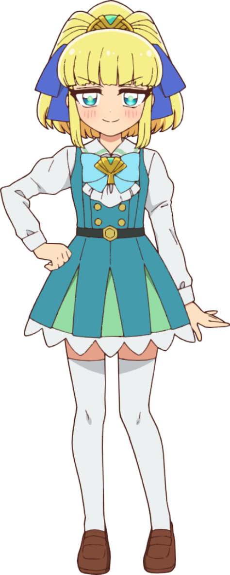 anime_coloring, aqua_bow, aqua_bowtie, aqua_eyes, aqua_pupils, arm_at_side, artist_request, ascot, belt_buckle, blonde_hair, blue_ribbon, blunt_bangs, blush, bow, bowtie, bright_pupils, brooch, brown_shoes, buckle, buttons, closed_mouth, collared_shirt, dot_nose, double-breasted, dress, dress_shoes, eyelashes, facing_viewer, full_body, gem, gold_buttons, gold_hair_tie, gradient_eyes, green_dress, green_gemstone, hair_ribbon, hair_tie, half_updo, high_ponytail, jewelry, juliet_sleeves, lace-trimmed_dress, lace_trim, legs_apart, loafers, long_sleeves, looking_at_viewer, multicolored_eyes, official_art, okanega_arisu, pleated_dress, ponytail, puffy_sleeves, puniru_wa_kawaii_slime, ribbon, sanpaku, second-party_source, shirt, shoes, sidelocks, simple_background, smile, split_mouth, standing, tachi-e, thigh-highs, transparent_background, v-shaped_eyebrows, white_ascot, white_shirt, white_sleeve_cuffs, white_sleeves, white_thighhighs, white_undershirt