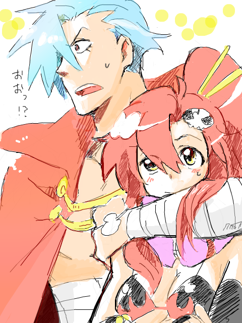 1girl, bandages, blue_hair, couple, hug, hug_from_behind, kamina, red_hair