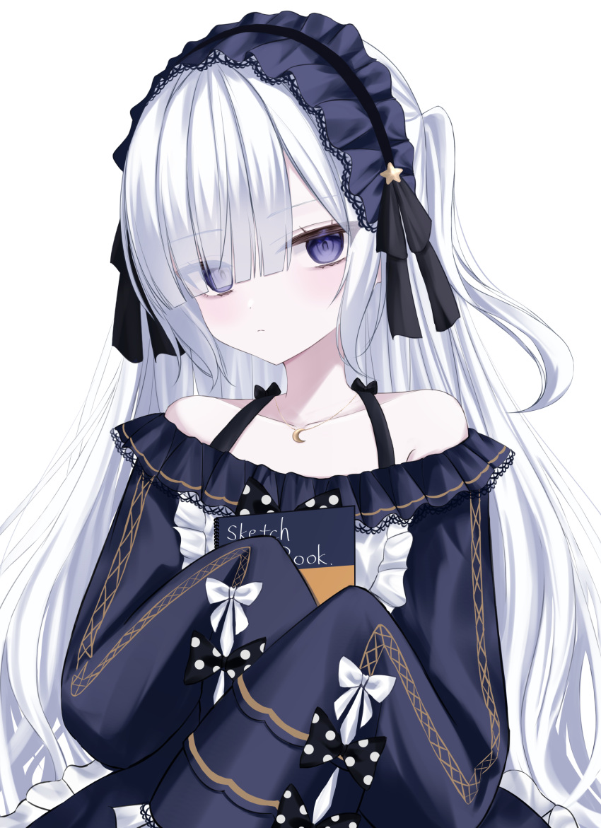 1girl, absurdres, bare_shoulders, black_bow, black_dress, black_hairband, blunt_bangs, blush