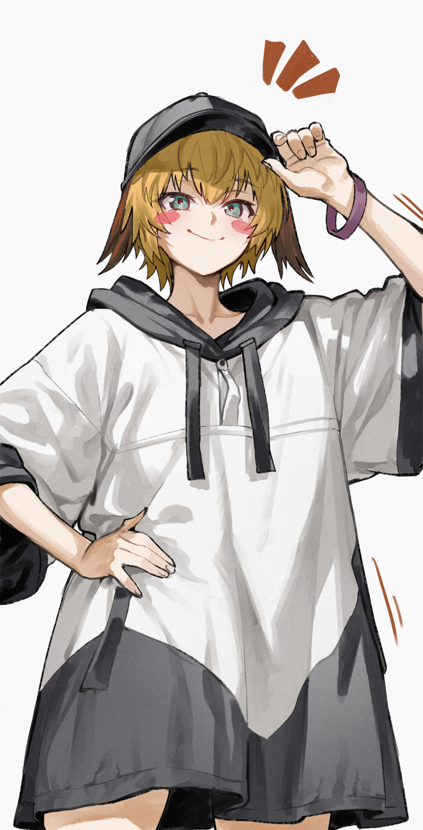 1girl, absurdres, baseball_cap, black_hat, black_shirt, blonde_hair, blush, blush_stickers, breasts, fate/grand_order, fate_(series), gareth_(fate), gareth_(swimsuit_saber)_(first_ascension)_(fate), green_eyes, hair_flaps, hat, highres, kamisato_sora, looking_at_viewer, medium_breasts, shirt, short_hair, short_sleeves, smile, solo, two-tone_shirt, white_shirt